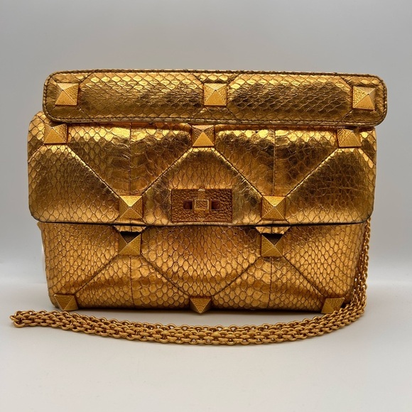 Valentino Handbags - Valentino Roman Stud metallic gold python leather Bag Large Full Set